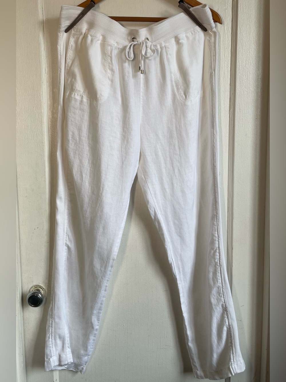 Tommy Hilfiger White 100% Linen Drawstring Pants 16 Ribbed Side Panels Relaxed
